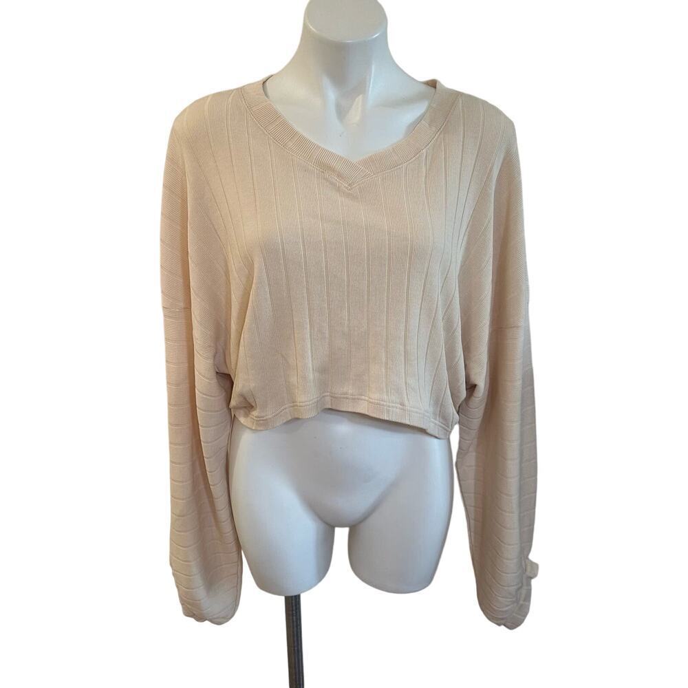 NEW Free People Beach Sweatshirt sz S Cream Cropped V Neck Pull Over